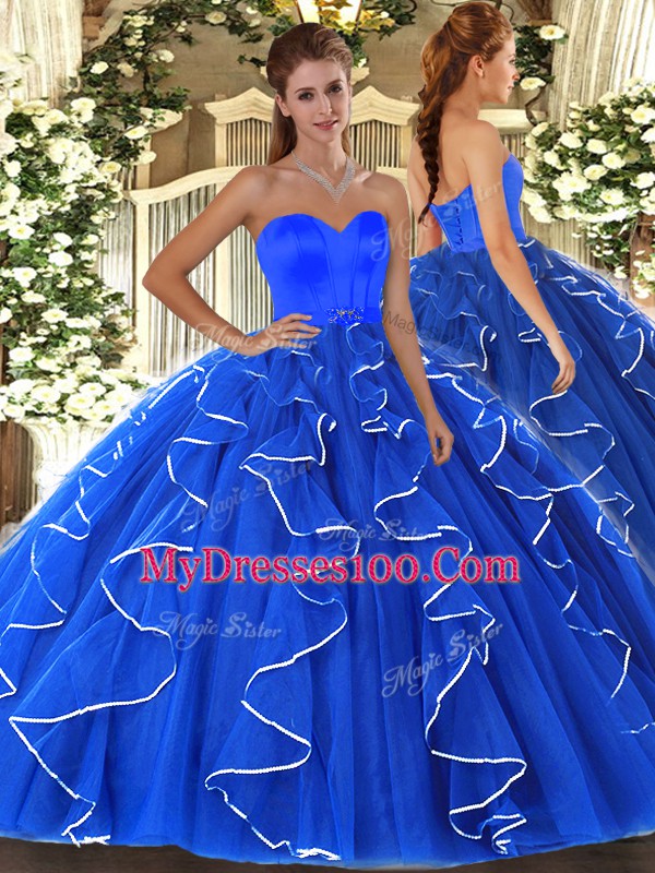 Nice Blue Organza Lace Up Sweetheart Sleeveless Floor Length Quinceanera Gowns Beading and Ruffles
