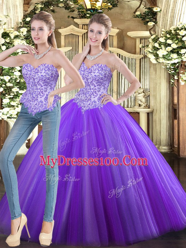 Ball Gowns Quinceanera Dresses Eggplant Purple Sweetheart Tulle Sleeveless Floor Length Lace Up
