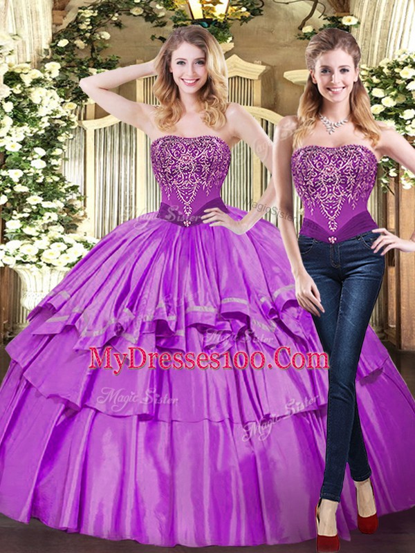 Custom Fit Strapless Sleeveless 15th Birthday Dress Floor Length Beading and Ruffled Layers Eggplant Purple Tulle