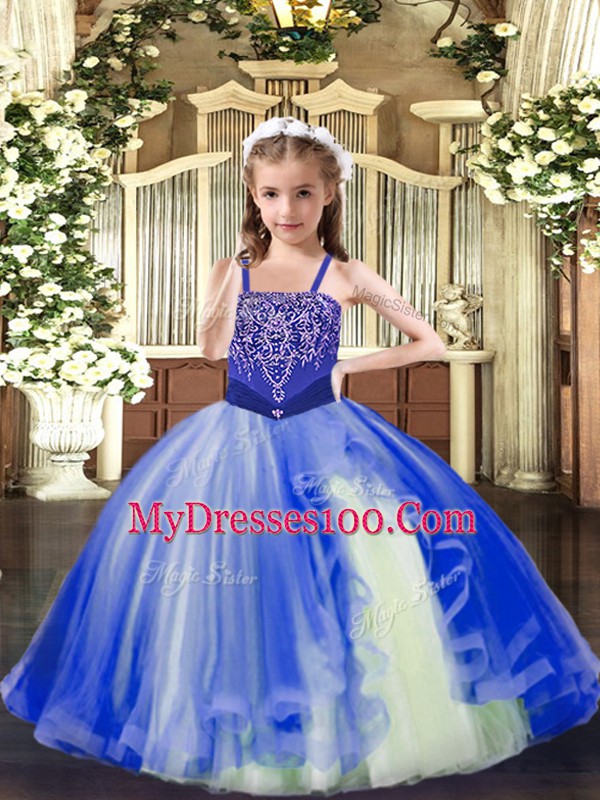 Royal Blue Straps Lace Up Beading Child Pageant Dress Sleeveless