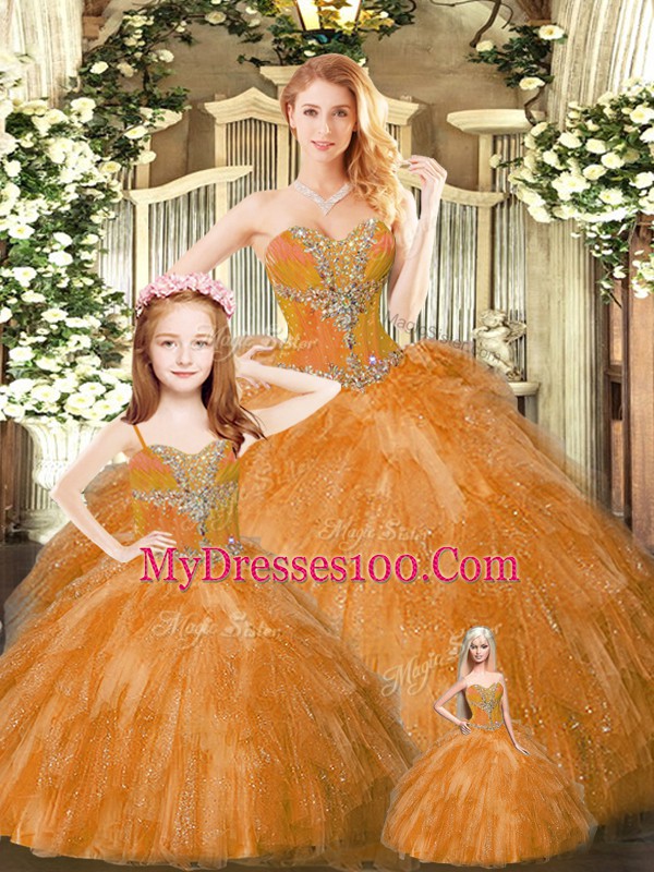 Rust Red Sleeveless Beading and Ruffles Floor Length Vestidos de Quinceanera