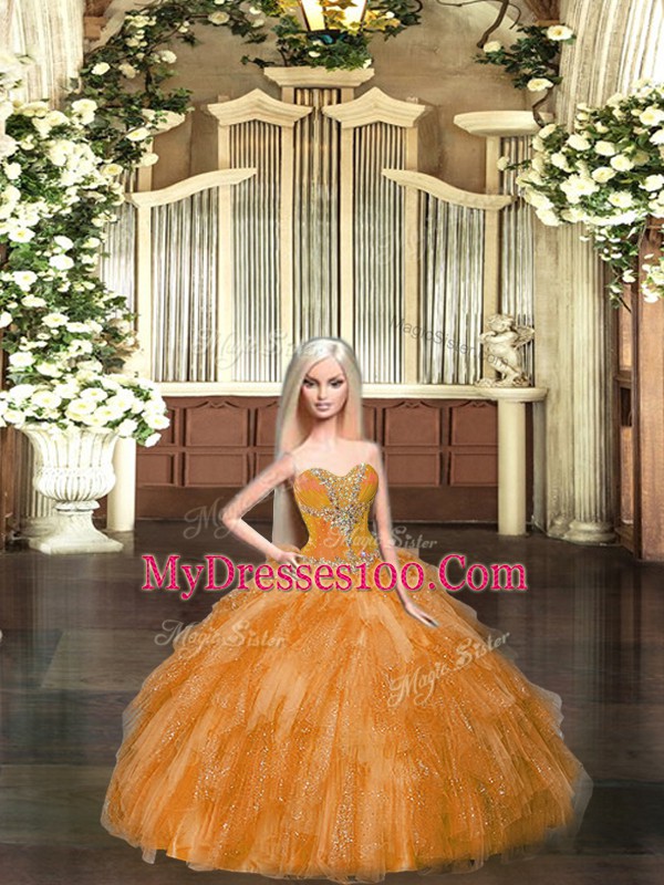 Rust Red Sleeveless Beading and Ruffles Floor Length Vestidos de Quinceanera