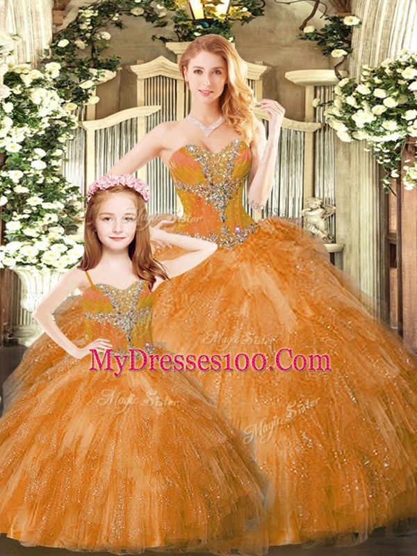 Rust Red Sleeveless Beading and Ruffles Floor Length Vestidos de Quinceanera