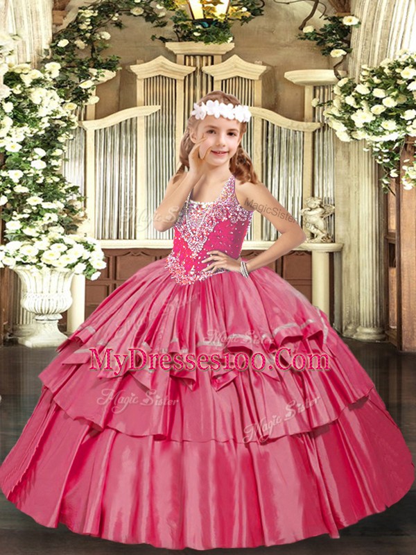 Top Selling Hot Pink Organza Lace Up Little Girl Pageant Dress Sleeveless Floor Length Beading and Ruffled Layers