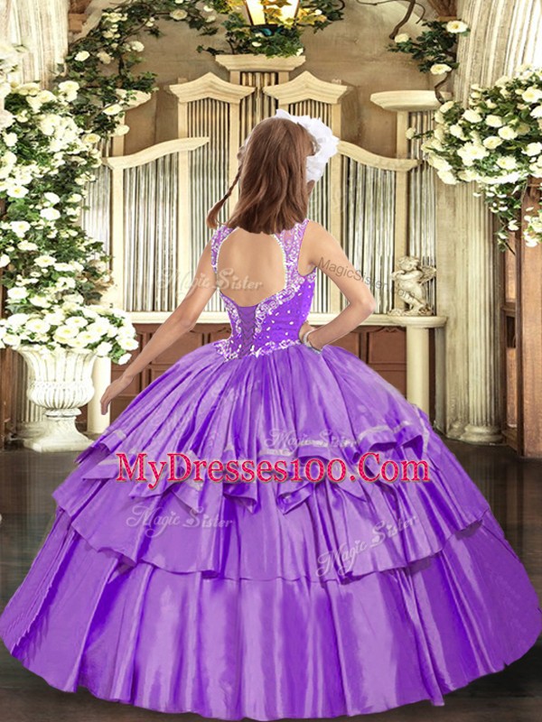 Top Selling Hot Pink Organza Lace Up Little Girl Pageant Dress Sleeveless Floor Length Beading and Ruffled Layers