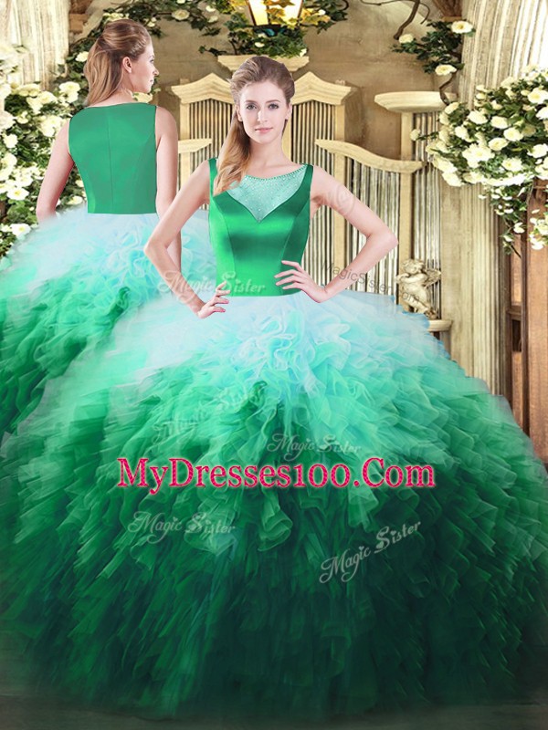 Glorious Multi-color Tulle Zipper Sweet 16 Quinceanera Dress Sleeveless Floor Length Beading and Ruffles