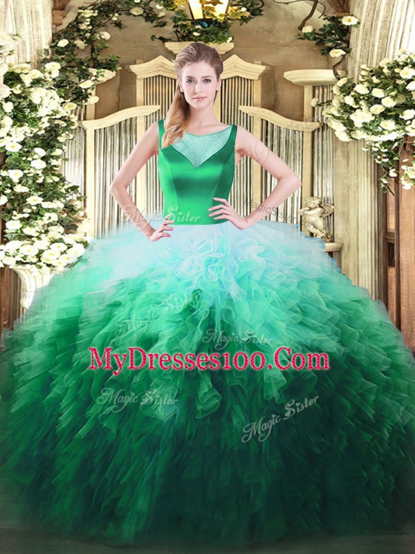 Glorious Multi-color Tulle Zipper Sweet 16 Quinceanera Dress Sleeveless Floor Length Beading and Ruffles