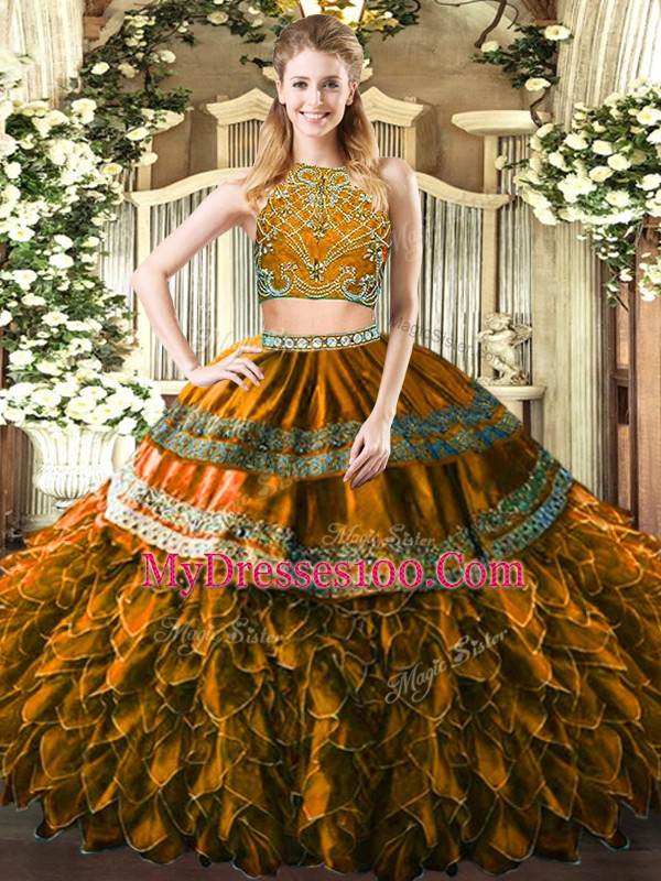 Brown High-neck Neckline Beading and Ruffles Quince Ball Gowns Sleeveless Zipper
