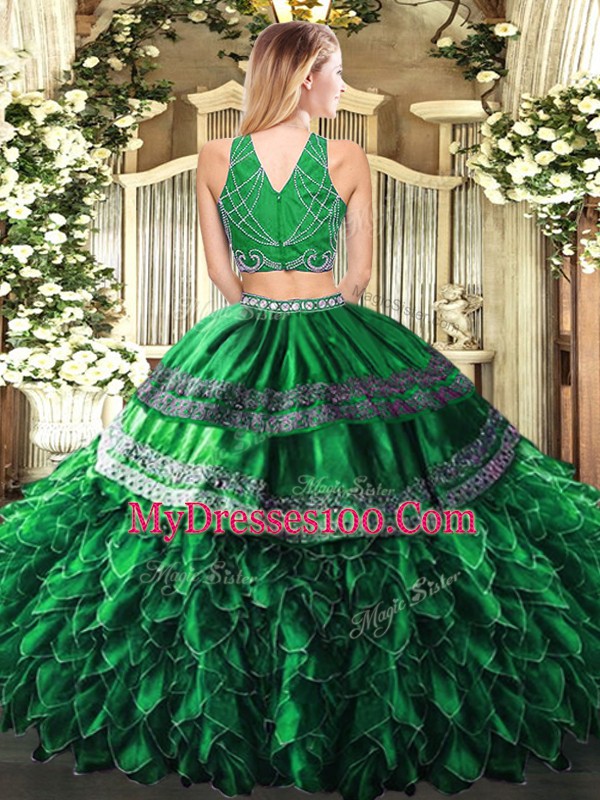 Brown High-neck Neckline Beading and Ruffles Quince Ball Gowns Sleeveless Zipper