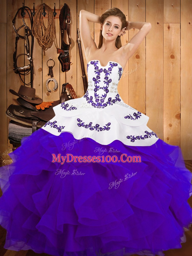 Modest Sleeveless Lace Up Floor Length Embroidery and Ruffles 15th Birthday Dress