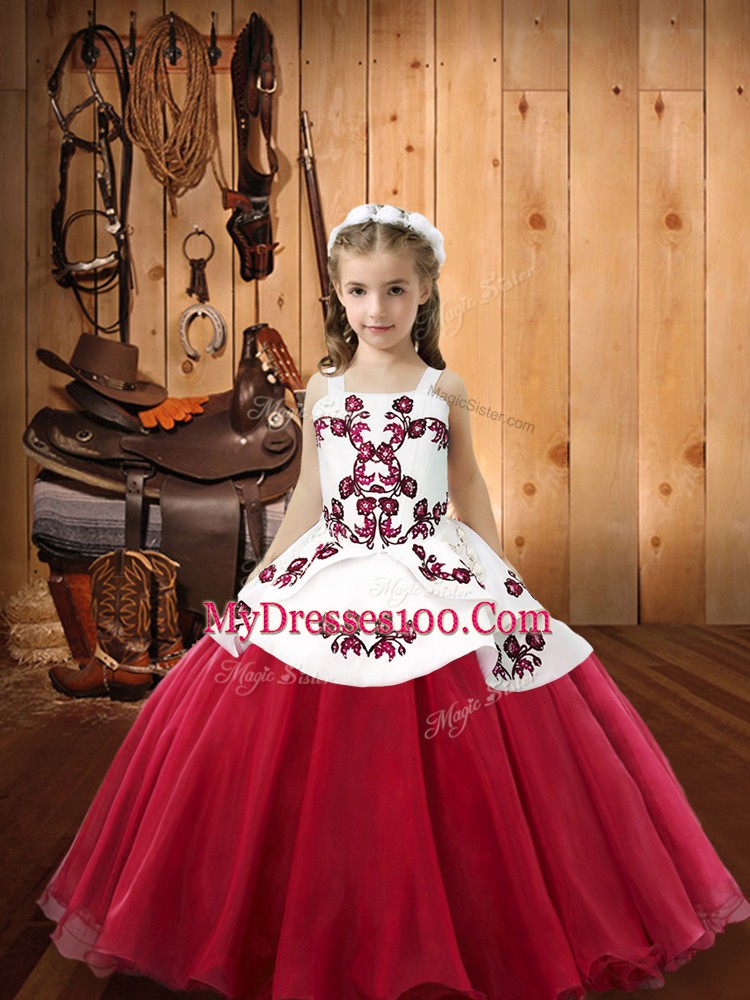 Modern Floor Length Coral Red Kids Formal Wear Organza Sleeveless Embroidery