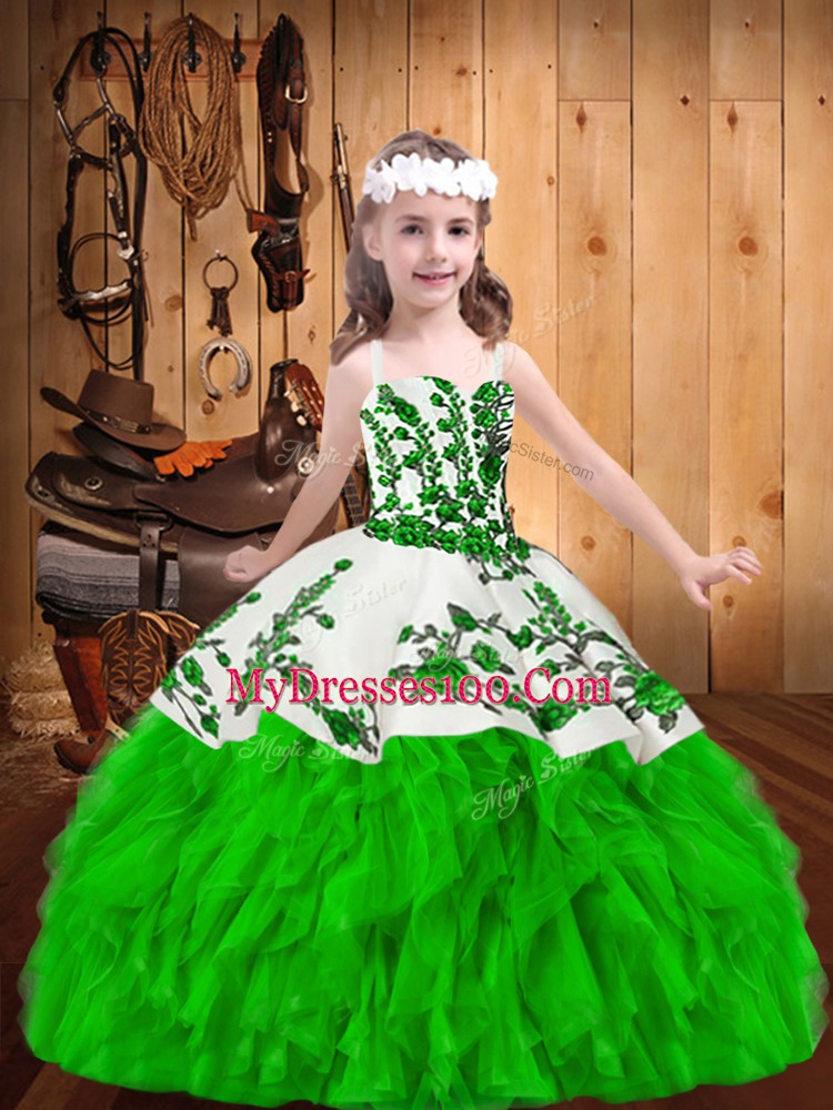 Classical Straps Zipper Embroidery and Ruffles Pageant Gowns Sleeveless