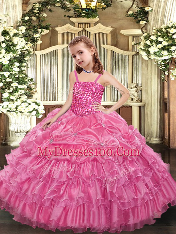 Custom Design Rose Pink Organza Lace Up Straps Sleeveless Floor Length Little Girl Pageant Dress Beading and Ruffled Layers and Pick Ups