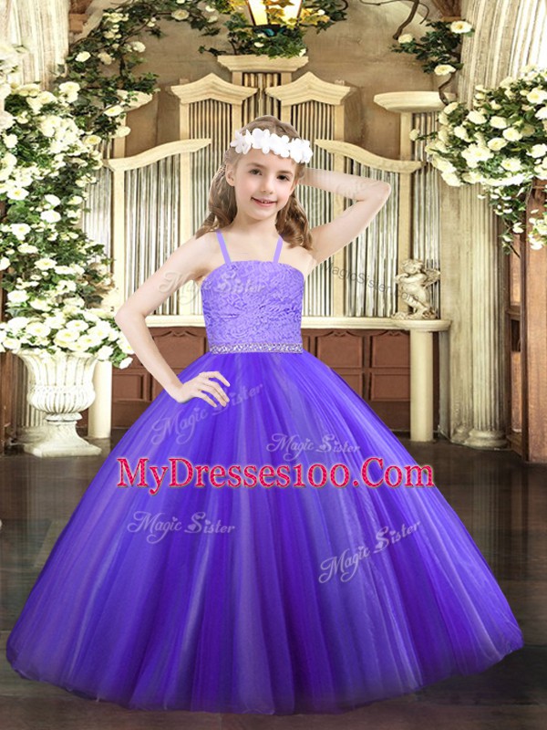 Lavender Straps Zipper Beading and Lace Child Pageant Dress Sleeveless
