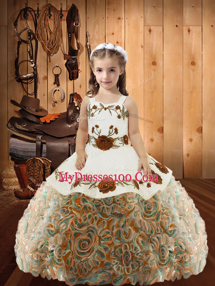 Fabric With Rolling Flowers Sleeveless Floor Length Pageant Gowns For Girls and Embroidery and Ruffles
