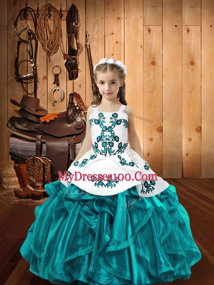 Low Price Ball Gowns Little Girl Pageant Gowns Teal Straps Organza Sleeveless Floor Length Lace Up
