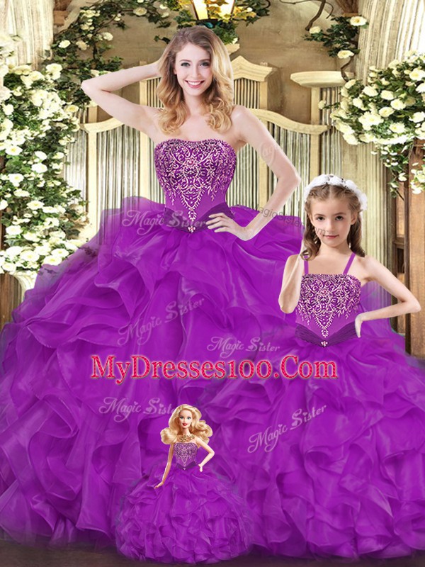 Purple Organza Lace Up Sweetheart Sleeveless Floor Length 15 Quinceanera Dress Beading and Ruffles