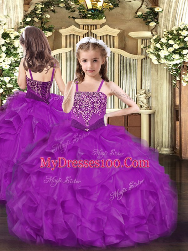 Purple Organza Lace Up Sweetheart Sleeveless Floor Length 15 Quinceanera Dress Beading and Ruffles