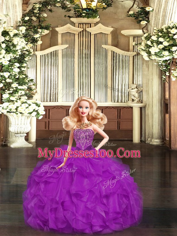 Purple Organza Lace Up Sweetheart Sleeveless Floor Length 15 Quinceanera Dress Beading and Ruffles