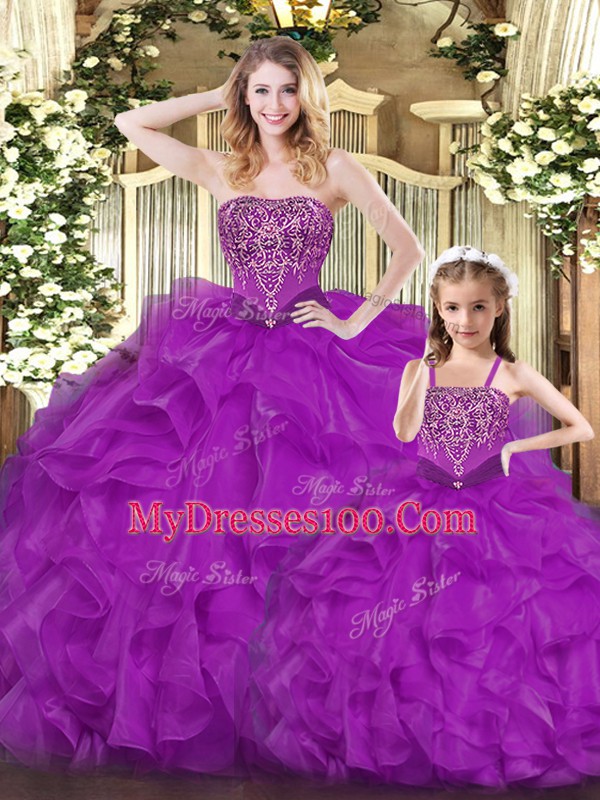 Purple Organza Lace Up Sweetheart Sleeveless Floor Length 15 Quinceanera Dress Beading and Ruffles