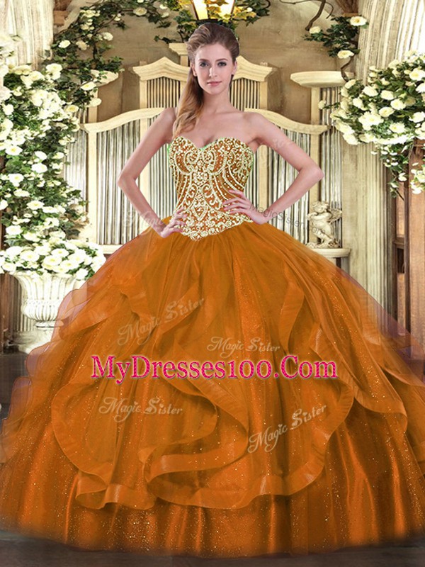 Affordable Organza Sweetheart Sleeveless Lace Up Beading and Ruffles Sweet 16 Quinceanera Dress in Rust Red