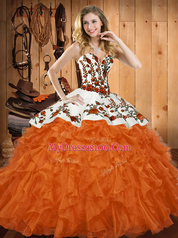 Orange Red Organza Lace Up Sweet 16 Quinceanera Dress Sleeveless Asymmetrical Embroidery and Ruffles