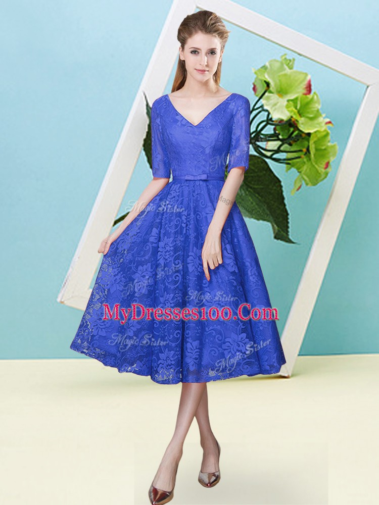 Deluxe Tea Length Empire Half Sleeves Royal Blue Quinceanera Dama Dress Lace Up