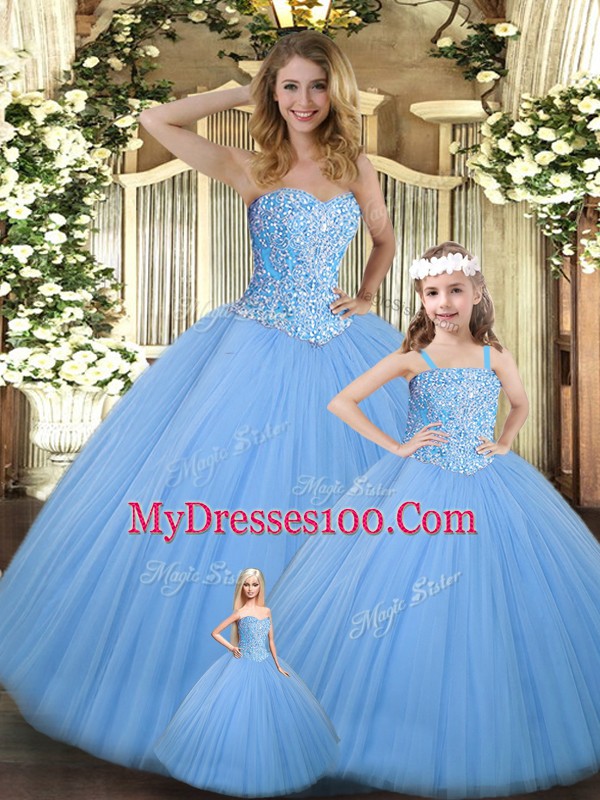 Elegant Baby Blue Tulle Lace Up Quinceanera Dress Sleeveless Floor Length Beading