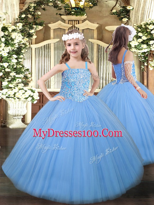 Elegant Baby Blue Tulle Lace Up Quinceanera Dress Sleeveless Floor Length Beading