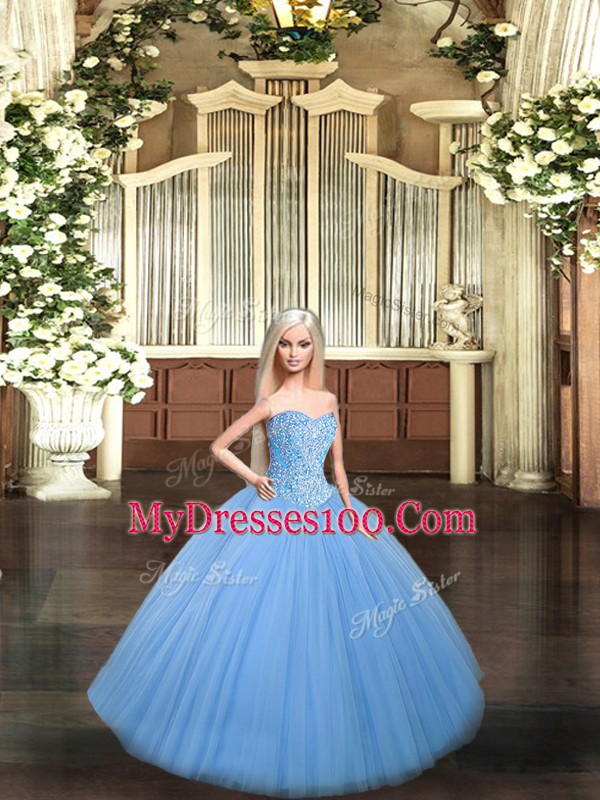 Elegant Baby Blue Tulle Lace Up Quinceanera Dress Sleeveless Floor Length Beading
