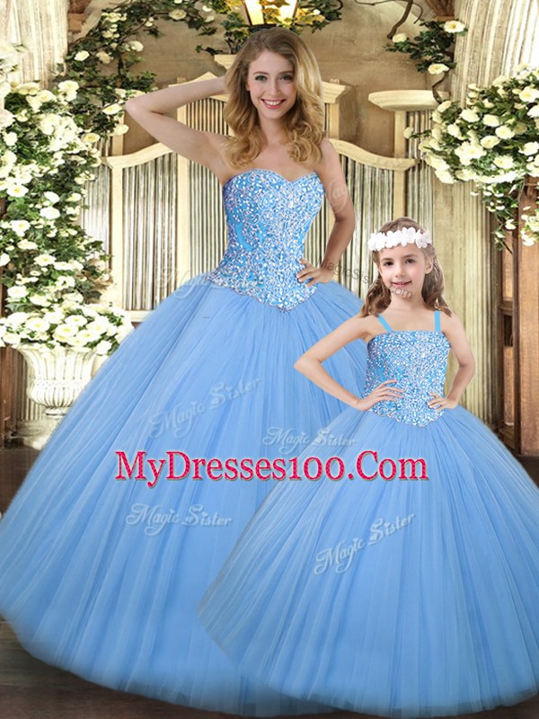 Elegant Baby Blue Tulle Lace Up Quinceanera Dress Sleeveless Floor Length Beading