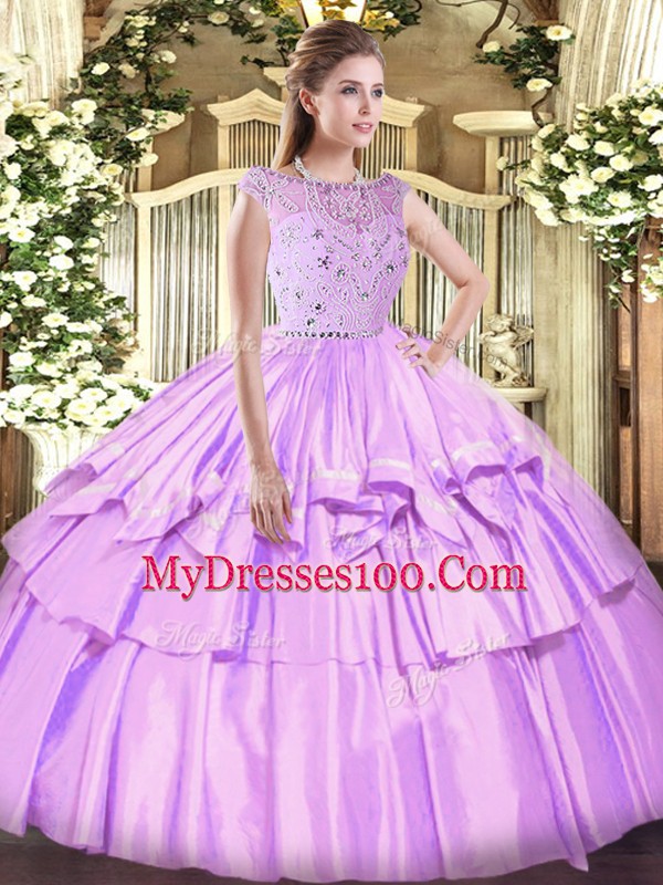Lavender Ball Gowns Bateau Sleeveless Tulle Floor Length Zipper Beading and Ruffled Layers 15th Birthday Dress