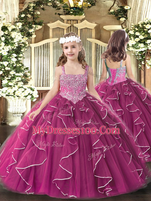 Fuchsia Ball Gowns Tulle Straps Sleeveless Beading and Ruffles Floor Length Lace Up Glitz Pageant Dress