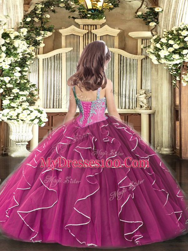 Fuchsia Ball Gowns Tulle Straps Sleeveless Beading and Ruffles Floor Length Lace Up Glitz Pageant Dress
