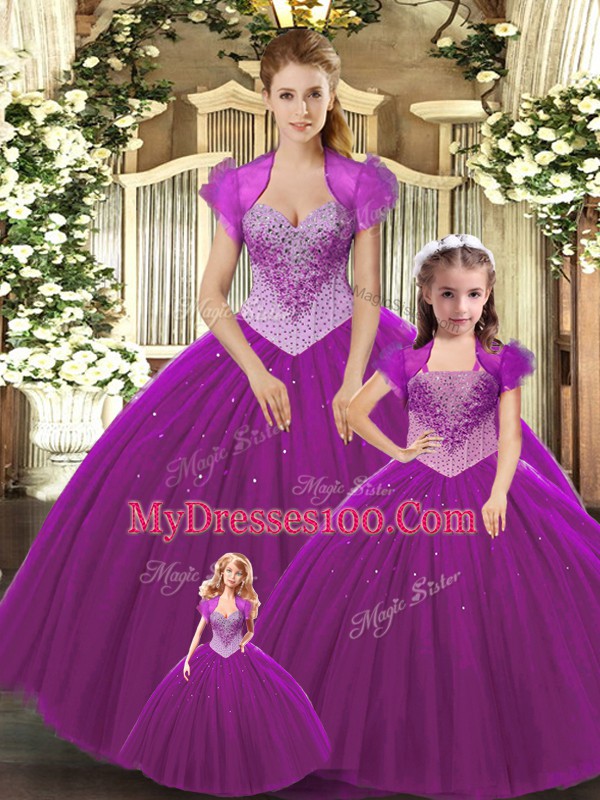 Ball Gowns Quince Ball Gowns Fuchsia Straps Tulle Sleeveless Floor Length Lace Up