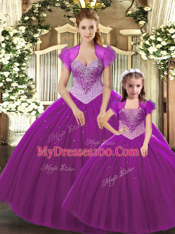 Ball Gowns Quince Ball Gowns Fuchsia Straps Tulle Sleeveless Floor Length Lace Up