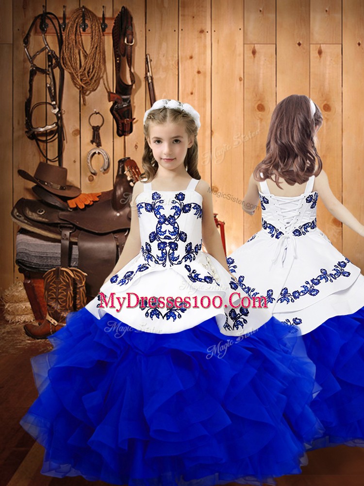 Royal Blue Tulle Lace Up Strapless Sleeveless Floor Length Ball Gown Prom Dress Embroidery and Ruffles