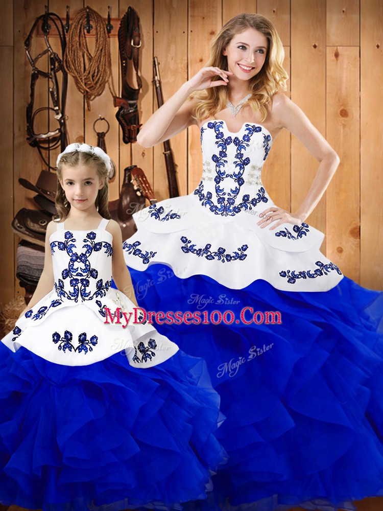 Royal Blue Tulle Lace Up Strapless Sleeveless Floor Length Ball Gown Prom Dress Embroidery and Ruffles
