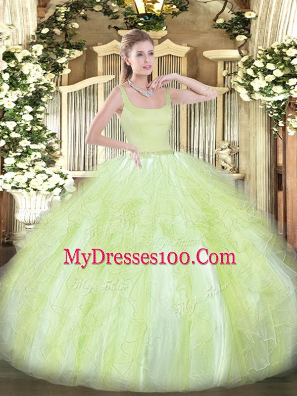 Sleeveless Tulle Floor Length Zipper Quinceanera Gowns in Yellow Green with Beading and Ruffles