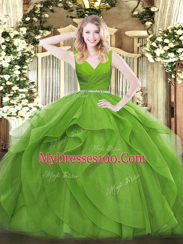 Excellent V-neck Sleeveless Tulle 15th Birthday Dress Beading and Ruffles Zipper
