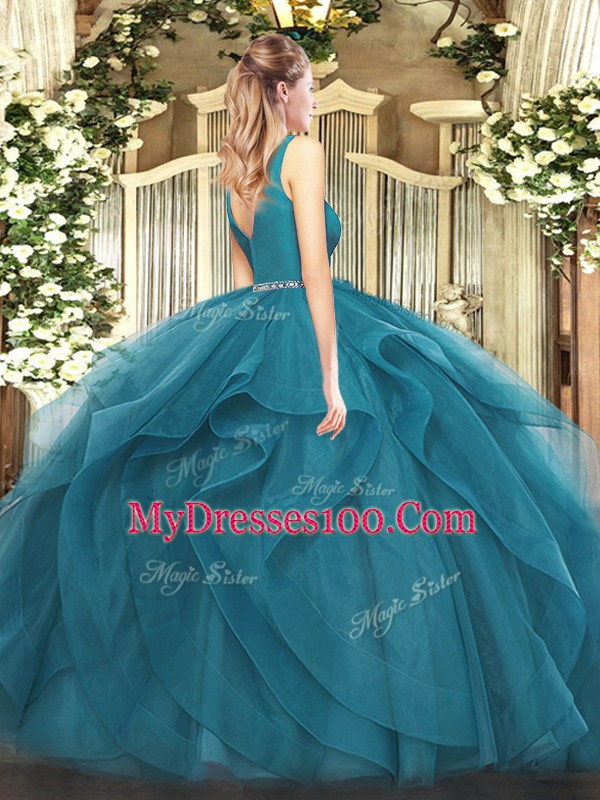 Excellent V-neck Sleeveless Tulle 15th Birthday Dress Beading and Ruffles Zipper