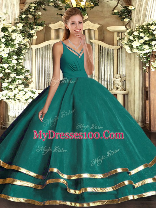 Deluxe Turquoise Sleeveless Ruching Floor Length 15th Birthday Dress