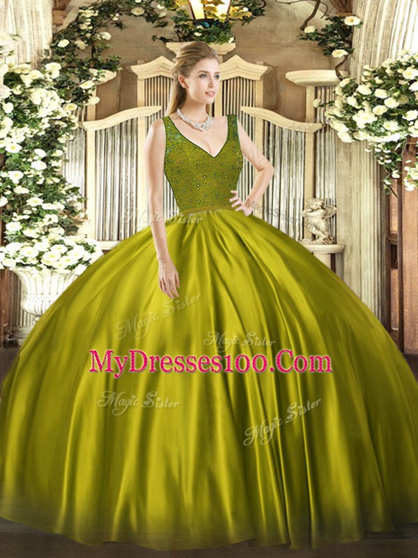 Olive Green Satin Backless V-neck Sleeveless Floor Length Sweet 16 Dresses Beading and Lace