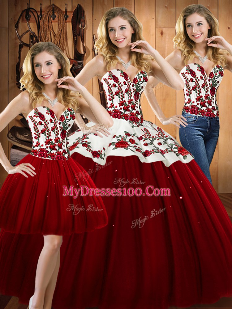 Decent Floor Length Three Pieces Sleeveless Wine Red Sweet 16 Dresses Lace Up