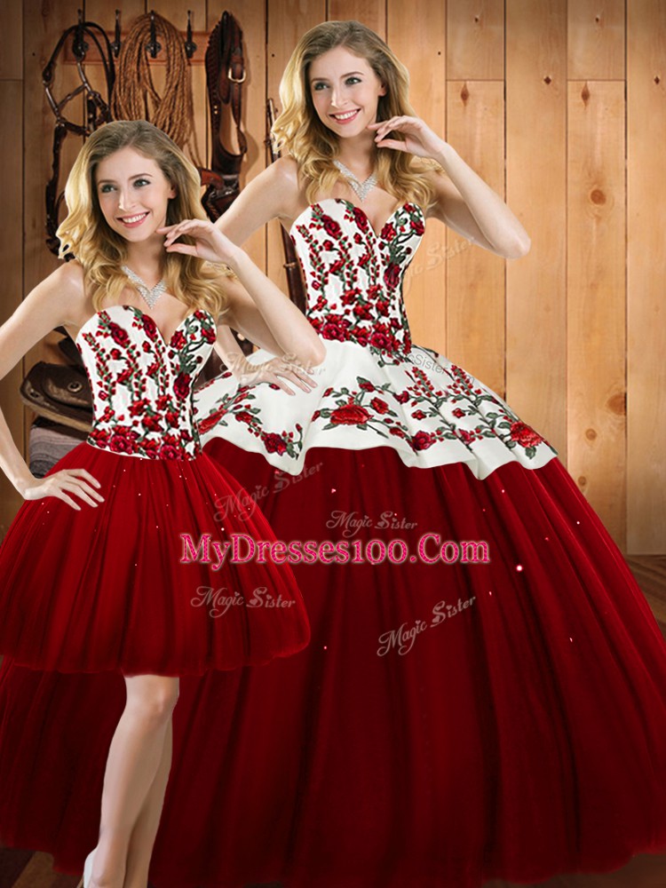 Decent Floor Length Three Pieces Sleeveless Wine Red Sweet 16 Dresses Lace Up