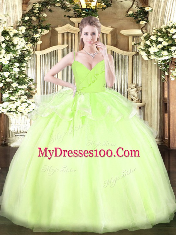Yellow Green Zipper Spaghetti Straps Ruffles Quinceanera Dress Organza Sleeveless
