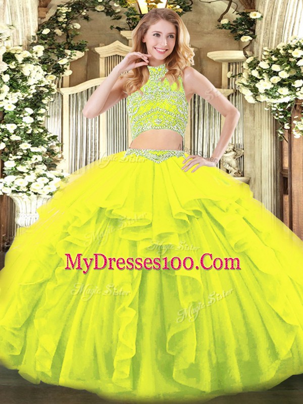 Custom Designed Sleeveless Floor Length Beading and Ruffles Backless Quinceanera Dress with Yellow Green