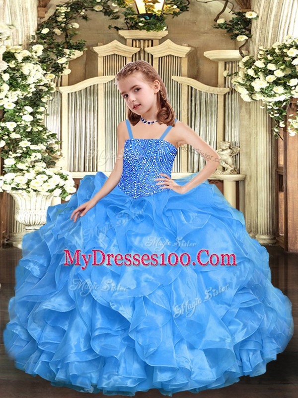 Classical Sleeveless Organza Floor Length Zipper Little Girls Pageant Gowns in Baby Blue with Beading and Ruffles