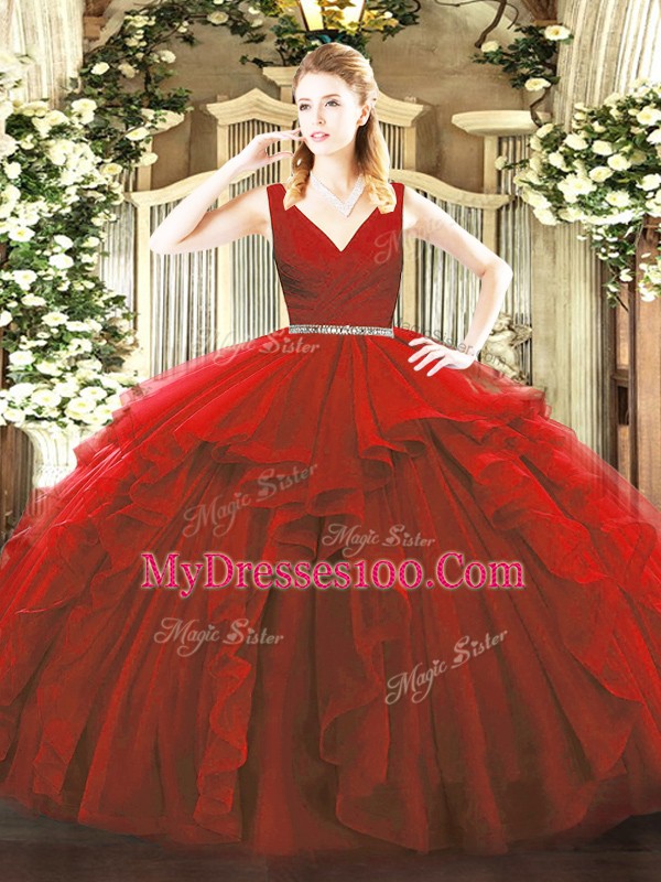 Wine Red Sleeveless Floor Length Beading and Ruffles Zipper 15 Quinceanera Dress