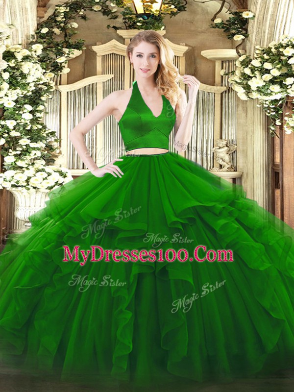 Green Two Pieces Ruffles Quince Ball Gowns Zipper Organza Sleeveless Floor Length